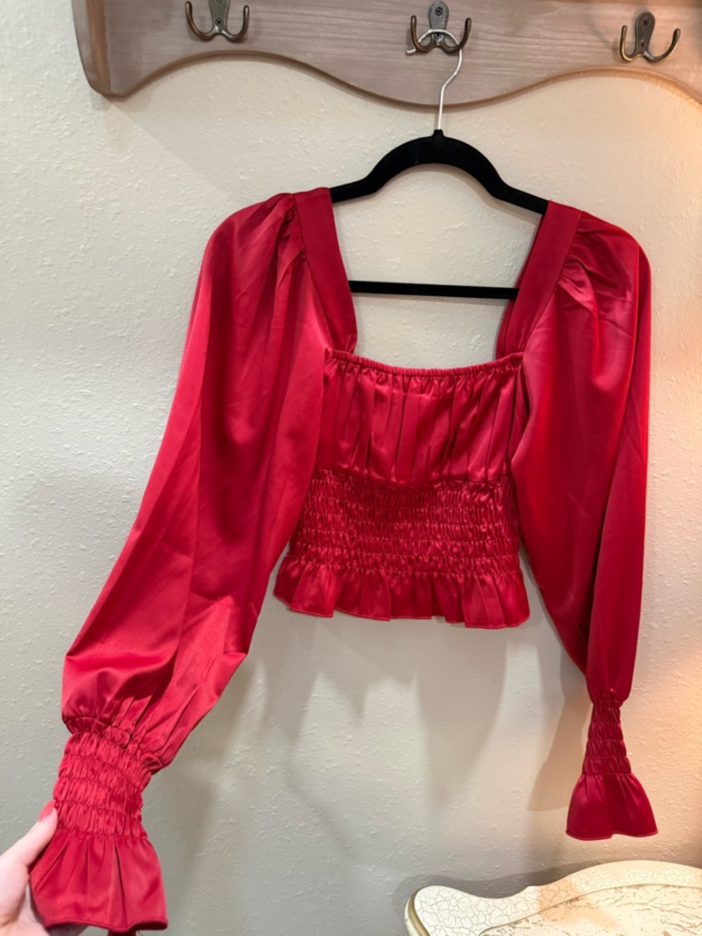 HYFVE Red Satin Smocked Puff Sleeve Crop Top